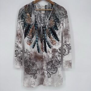 S-Twelve Button Front Top S Feather Scrollwork Rhinestone Y2K Boho Grunge Bling
